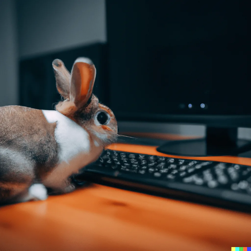 A bunny sitting in front of a computer as if scrolling through Reddit. Image used by The Bunny Agency, an OnlyFans Agency