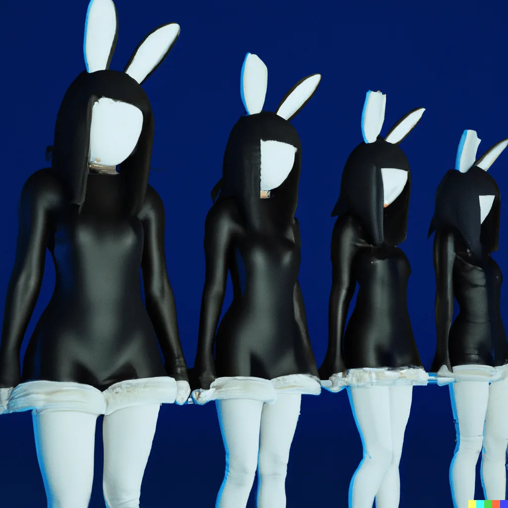 Stylized 3D render of multiple faceless female bunny-costume models on a deep blue backdrop, created for The Bunny Agency