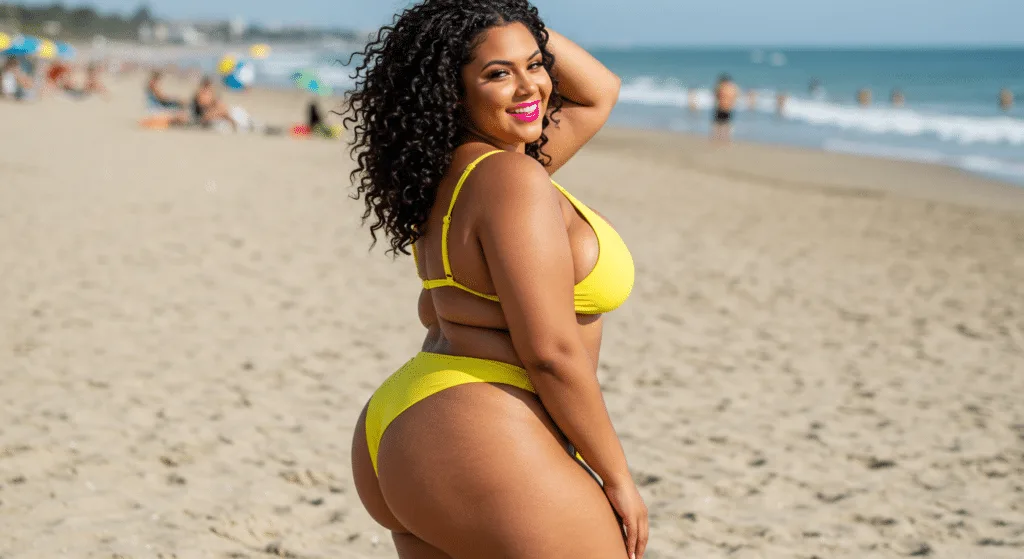 Confident BBW model posing on a sunny beach – The Bunny Agency