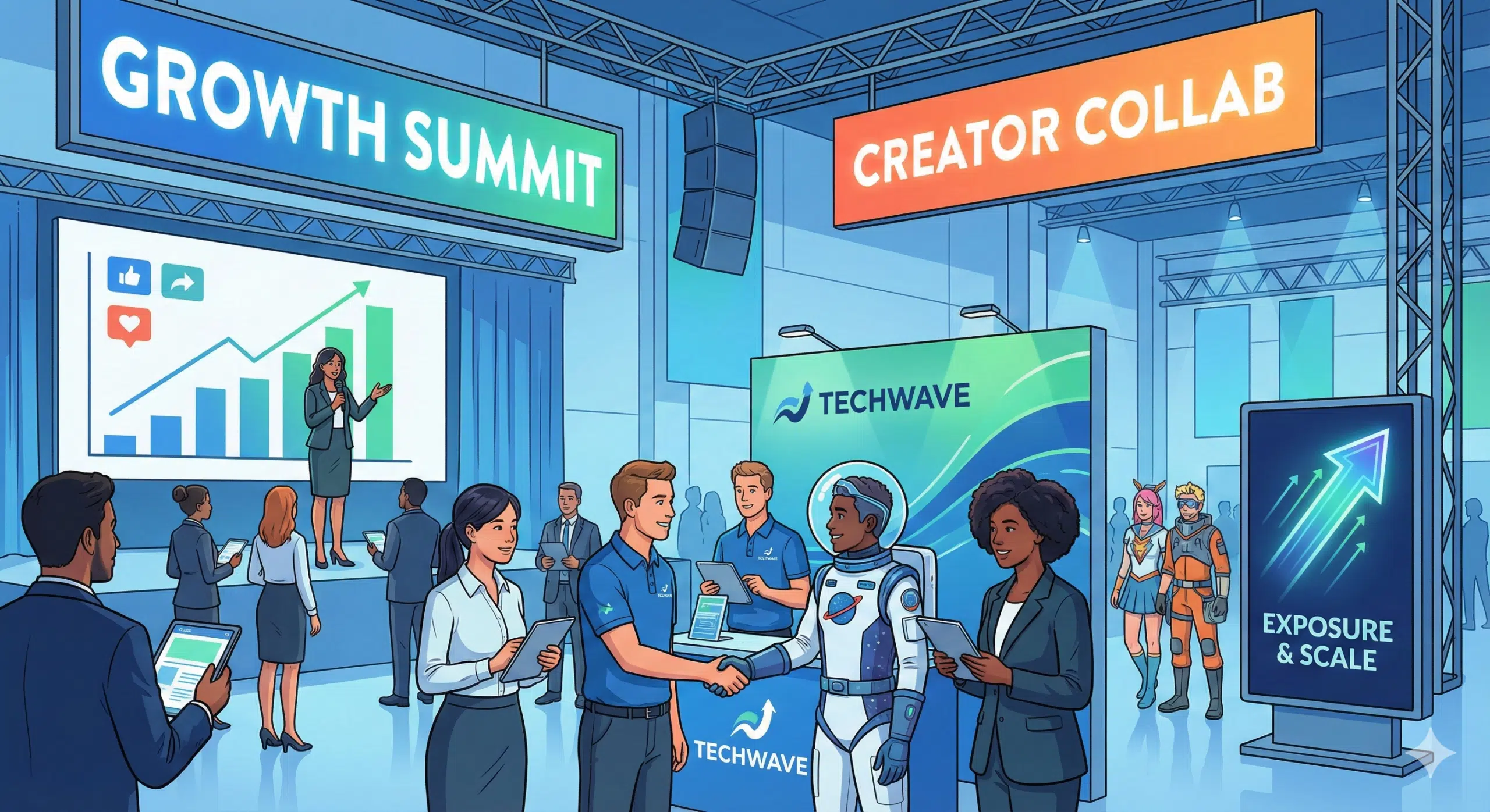 Illustration representing an OnlyFans brand consultation, showing brands planning creator marketing strategies and performance-driven campaigns.