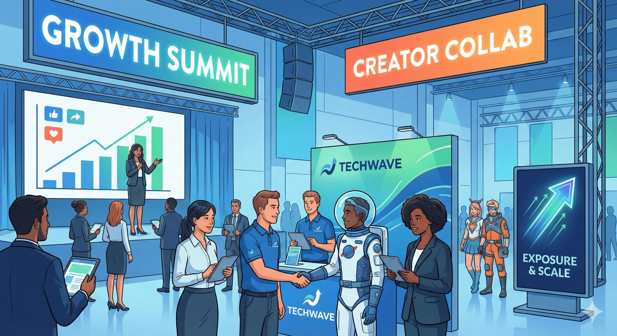 Illustration representing an OnlyFans brand consultation, showing brands planning creator marketing strategies and performance-driven campaigns.