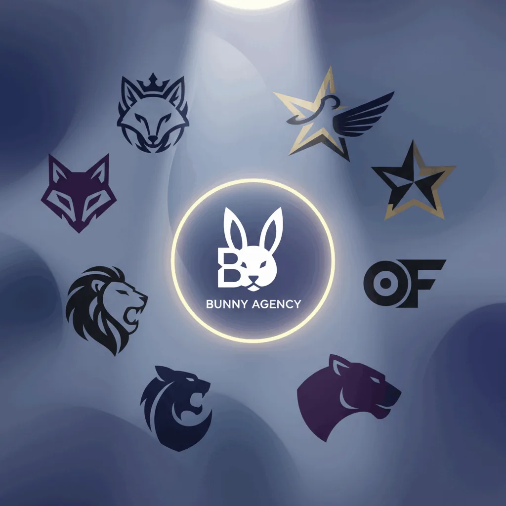 A collage of different agency logos with a spotlight on Bunny Agency's logo. - Best OnlyFans Agencies 2026 illustration