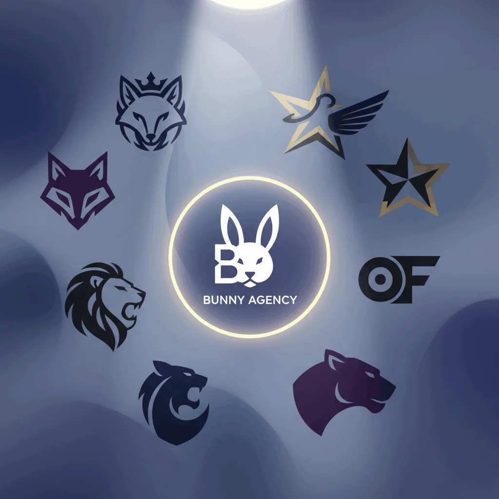 A collage of different agency logos with a spotlight on Bunny Agency's logo. - Best OnlyFans Agencies 2026 illustration
