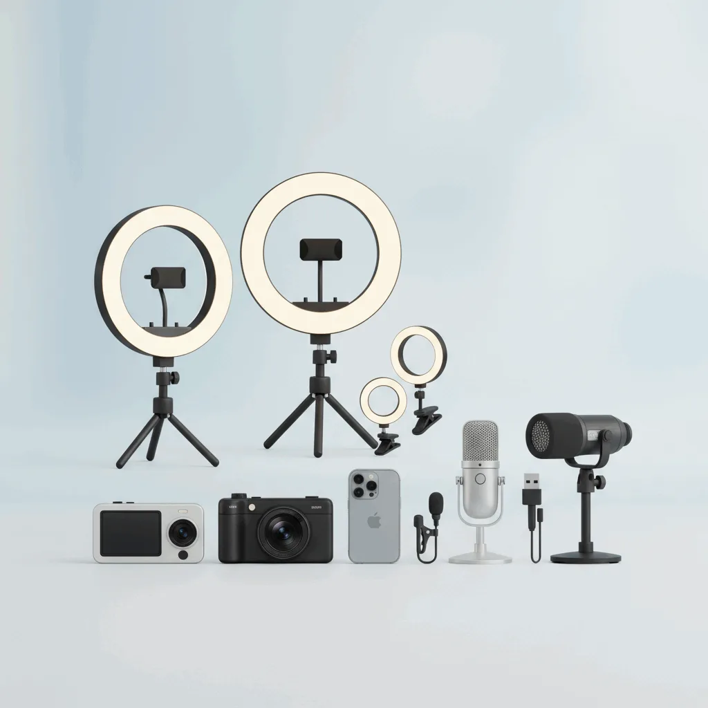 A collection of affordable ring lights, smartphone cameras, and microphones neatly arranged. - Das perfekte OnlyFans Setup unter 200€: Ringlicht, Kamera & Apps illustration