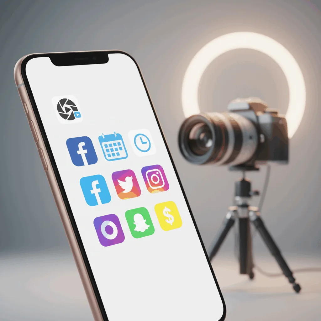 A smartphone screen displaying various editing, scheduling, and social media apps. - Das perfekte OnlyFans Setup unter 200€: Ringlicht, Kamera & Apps illustration