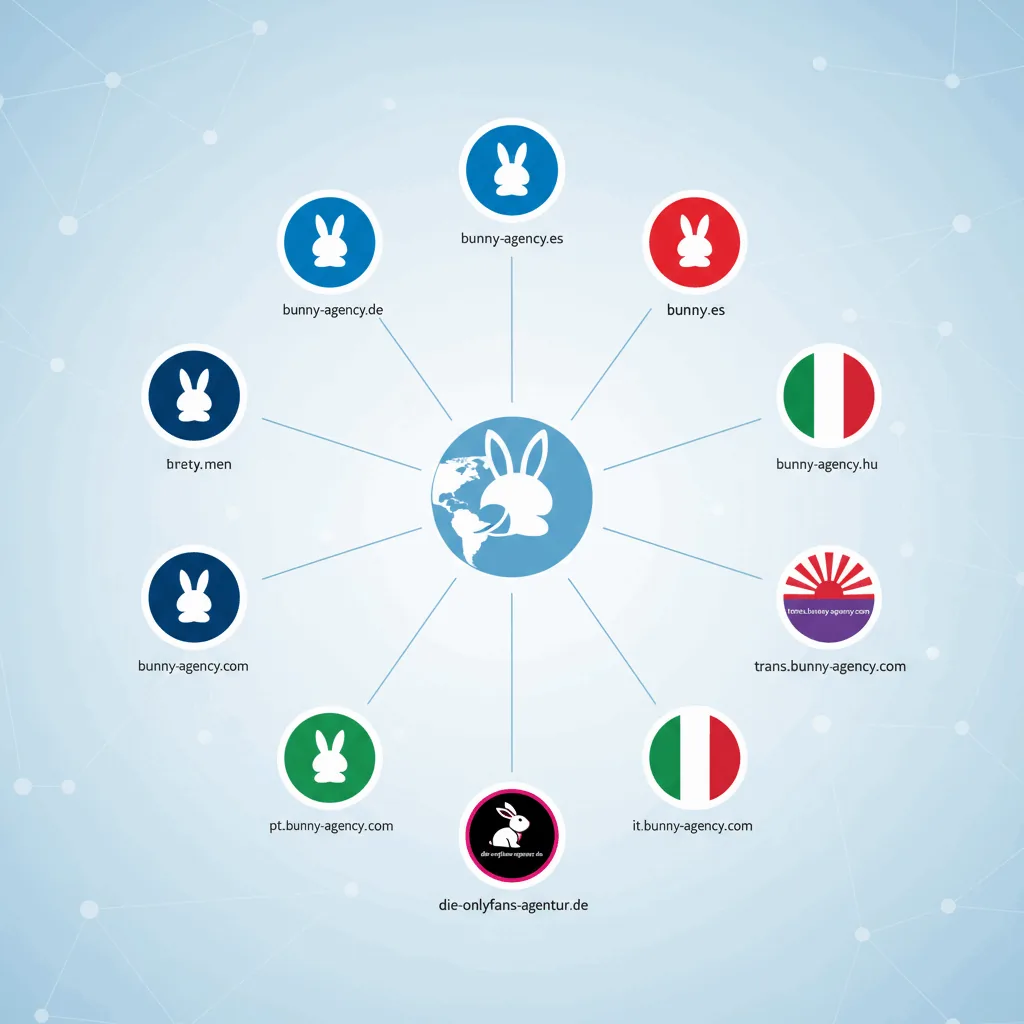 An infographic showcasing Bunny Agency's global reach and services, including logos for bunny-agency.de, bunny-agency.es, bunny-agency.fr, bunny-agency.hu, bunny-agency.men, trans.bunny-agency.com, jp.bunny-agency.com, pt.bunny-agency.com, it.bunny-agency.com, and die-onlyfans-agentur.de. - Best OnlyFans Agencies 2026 illustration