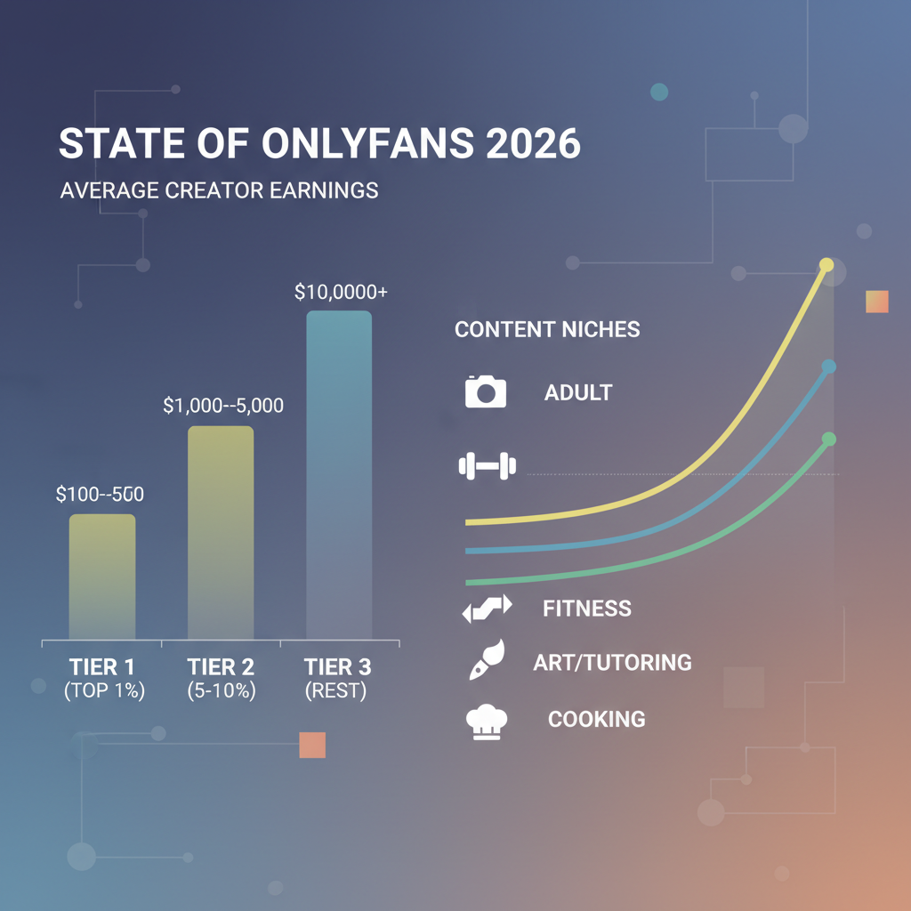 Chart illustrating average creator earnings across different tiers and content niches. - State of OnlyFans 2026 illustration